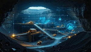 A Mining Site with big operation formed of digital data nodes and knowledge graph down a mine