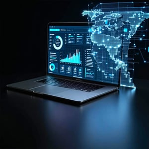 Dark Themed image of a macbook showing charts while codeless queries come out into a knowledge graph that comes out from the screen like hologram