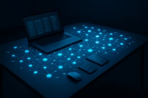 The digital product design table is a sleek modern workspace illuminated by a soft blue glow that casts an ethereal light across its surface Intricate data nodes representing interconnected information from a knowledge graph flow seamlessly across th-3
